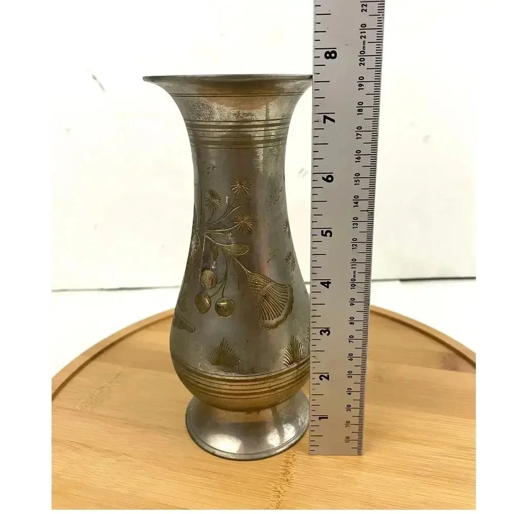 VTG Silver Tone Metal Middle Eastern Vase With Etching 8